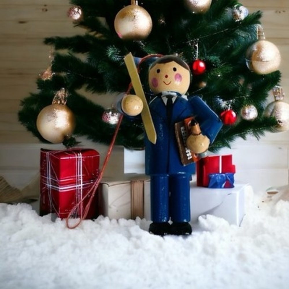 Midwest Cannon Falls Wood Teacher Christmas Ornament Blue Suit 2x3" VG